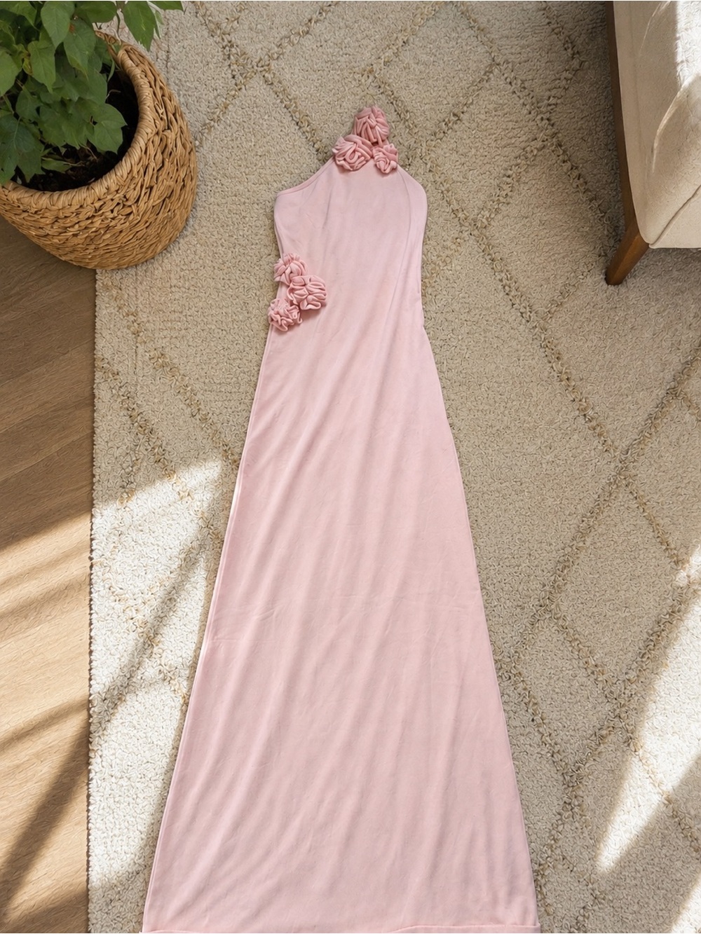 Meshki Paloma One Shoulder Blush Pink Knit Maxi Dress with Flowers Accents
